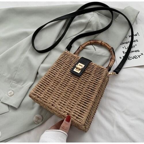 Vintage Box Rattan Women Shoulder Bags Bamboo Handle Rope Woven Handbags Summer Beach Straw Bag Lady Small Flap Purses Bali 2021