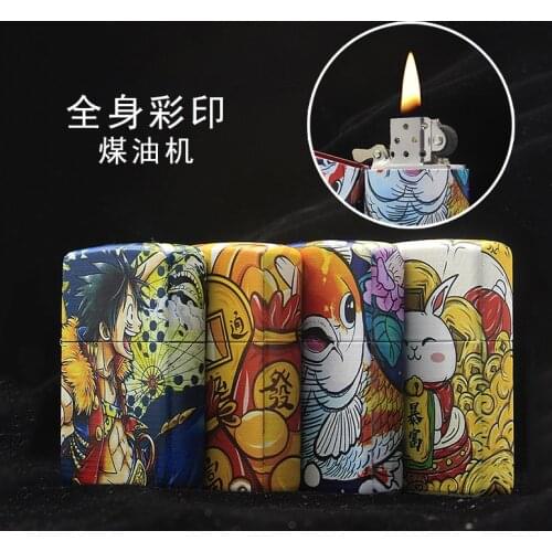 Whole Body Color Printing Gasoline Lighter Metal Windproof Kerosene Lighters Creative Six Side Printing Cigarette Accessories