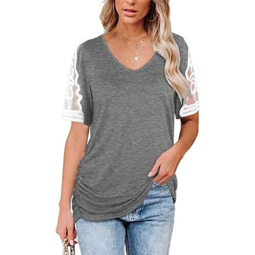 Summer Womens Clothing 2021 New V-neck Stitching Lace Short-sleeved Side Pleated T-shirt Temperament Top Female