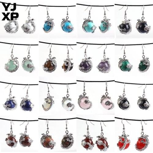 YJXP Silver Plated Natural Rose Pink Quartz Stone Chinese Dragon Around 16mm Beads Ball Dangle Earrings For Women Charm Jewelry