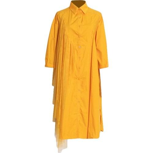 Free Shipping 6 colors Autumn Shirt Dress Women 2021 Cotton Mesh Patchwork Irregular Solid Color Midi Dresses For Young Ladies