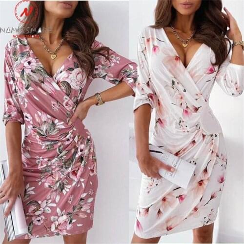 Women Flower Print Pencil Dress Shrinkage Irregular Design V-Neck Threee Quarter Sleeve Mid Waist Spring Autumn Slim Dress