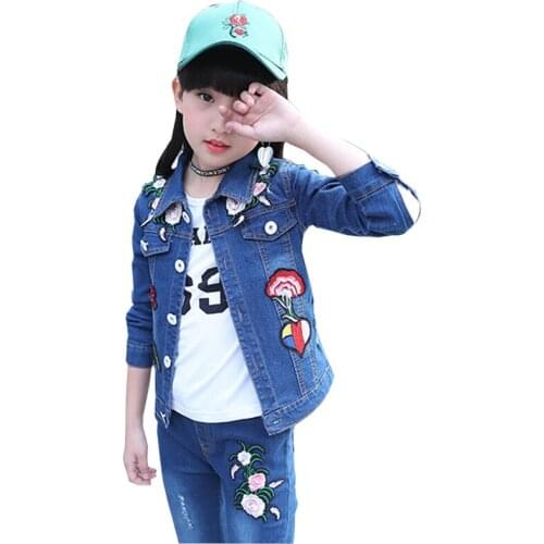 2018 Girls Denim Clothes Fashion Embroidery Floral Girl Jacket&Jeans 2 Pcs Children Cotton Casual Outfits For 4 6 8 10 12 14Y