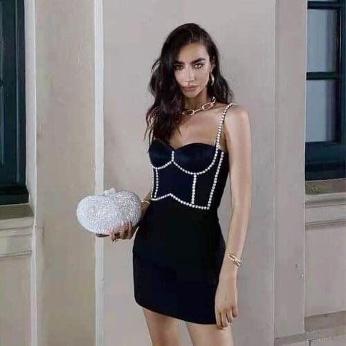 Free Shipping Wholesale Womens Dress Black Spaghetti Strap Beaded Mini Sexy Casual Celebrity Cocktail Party Bandage Dress