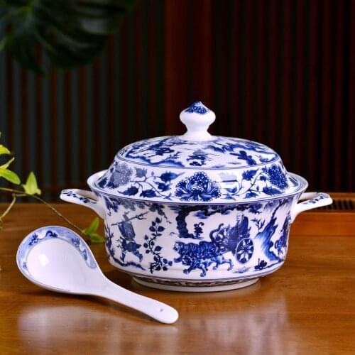 Jingdezhen Blue and White Porcelain Large Bowl Ceramics Large Soup Bowl Double Ears with Lid Household Big Large Capacity