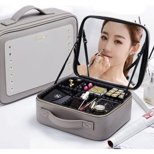 PU Makeup Organizer With Mirror Travel Beauty Cosmetic Case For Make Up Zipper Divider Beauty Storage Bag Nail Tool Box