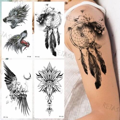 Black Dream Catcher Feather Temporary Tatoos For Women Girls Wolf Wings Henna Fake Tattoo Sticker Sexy Arm Body Back Tatoos DIY