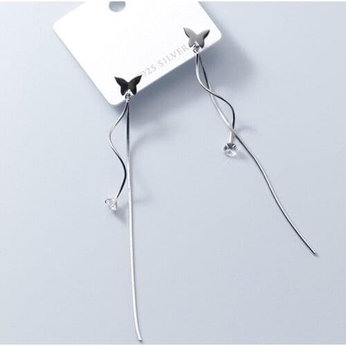 Smooth Butterfly Snake Bone Chain Long Tassel Ear Line Earrings 925 Sterling Silver Insect Jewellery For Woman Lady Girl