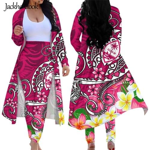 Jackherelook Summer 2 Piece Set Women Open Front Long Cardigan Red Guam Polynesian Tribal Bodycon Pant Suit Sexy Suits Outfits