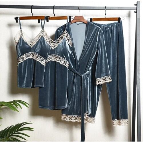 Gray Hollow Out Lace Flower Trim 4PCS Velour Pajamas Sets Sexy Bathrobe Nightgown Women Sleep Suit Sleepwear Autumn New Homewear
