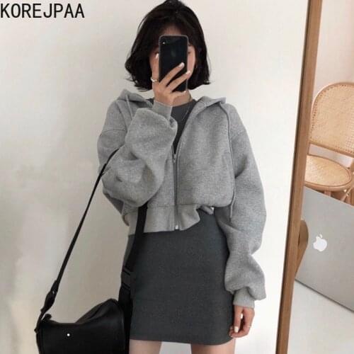 Korejpaa Women Sets 2021 Autumn Korea Simple Versatile Ladies Hooded Short Sweater High Waist Slim Bag Hip Short Skirt Two-Piece