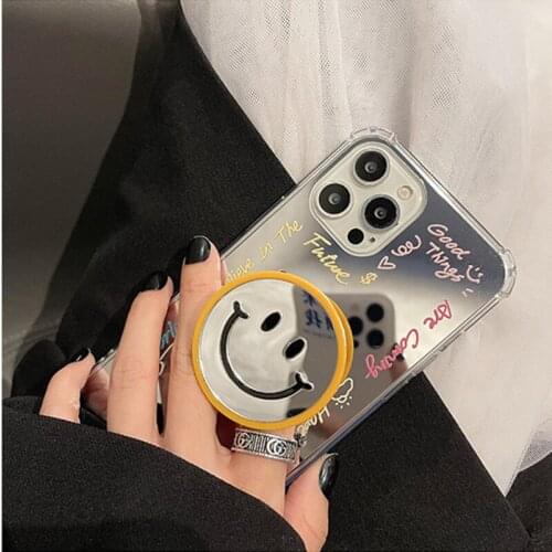 Korean Smiley Stand Color Border Phone Case For Iphone 12 Pro Max MiNi 11 XR X XS 7 8 Plus SE Mirror Soft Silicone Glitter Cover