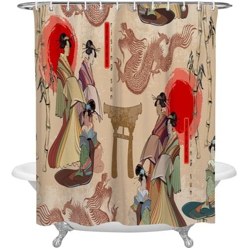 Red Sun Woman Dragon Bamboo Bathroom Shower Curtain Polyester Fabric Waterproof Shower Curtains with Hooks