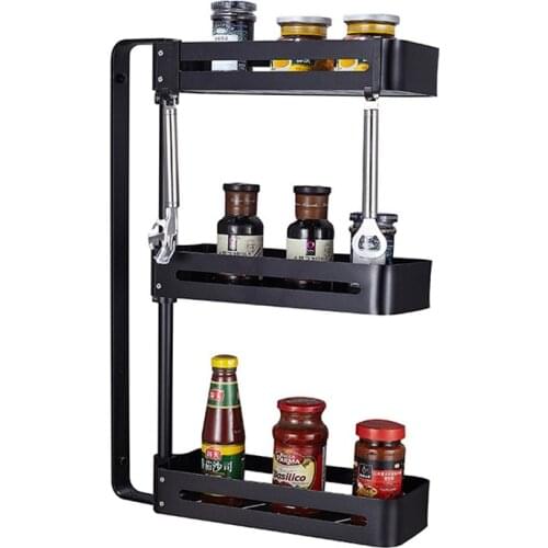 Kitchen Storage Rack Spice Cooker Shelf Wall Mounted Black Corner Frame Rotatable Condiment Layer Space Aluminum Punch Free
