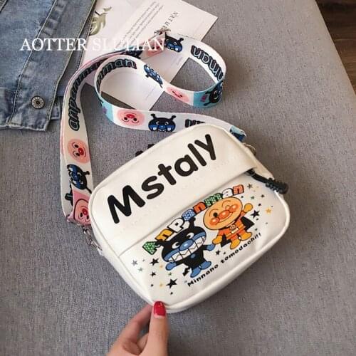 Girl Square Shoulder Bag PU Leather Cute Cartoon Anpanman Graffiti Messenger Bag Fashion Wild Hip-hop Style Single Shoulder Bags