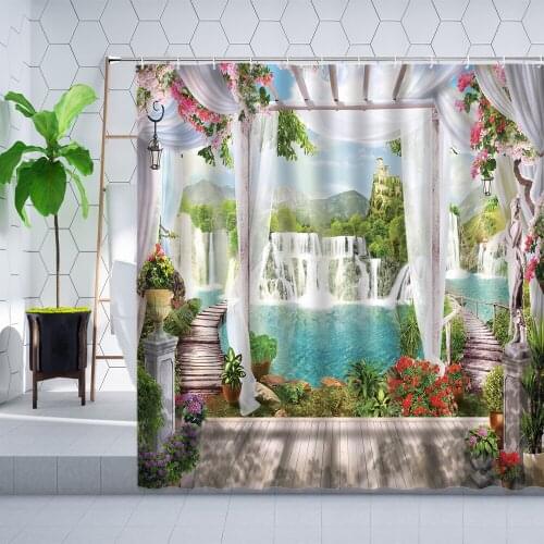 European Style landscape Shower Curtain Sets Flowers Plants Waterfall Spring Scenery Wall Decor Bathroom Curtains Bathtub Screen
