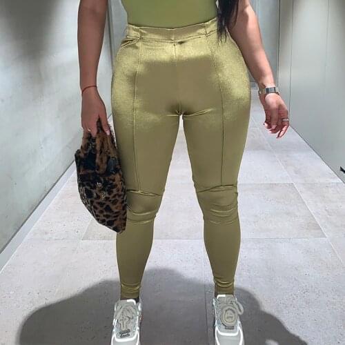 2 Colors Light Gold Black Metallic Ultra-High Elastic Silk Stitching Elastic Waist Small Feet Bottoming Trousers Leggings