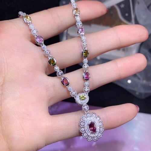 Fashion grace Flower Natural Multicolor tourmaline gem necklace S925 silver natural gemstone necklace woman gift party jewelry
