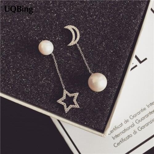 Fashion 925 Sterling Silver Stud Earrings Moon And Stars Asymmetric Pearl Earrings Jewelry Wholesale Free Shipping
