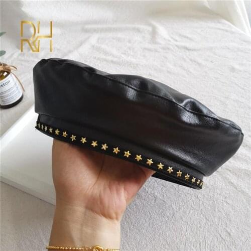 Fashion Black Leather Beret Female French Beret Hat Winter Painter Hat For Women Autumn Pearl Brim Artist Beanies Hat RH