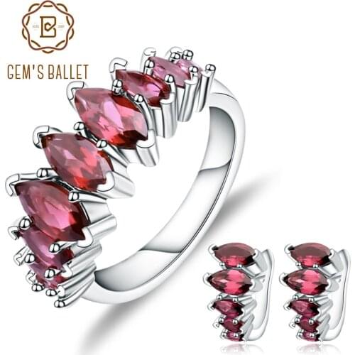 GEMS BALLET Natural Rhodolite Garnet Gemstone Earrings Ring Set 925 Sterling Silver Jewelry Set For Women Gift Fine Jewelry
