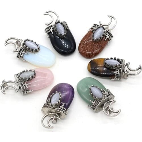 Natural Stone Rose Quartzs Tiger Eye Stone Pendants Metal Alloy Moon Stone Charms for Jewelry Making DIY Necklace Size 22x45mm