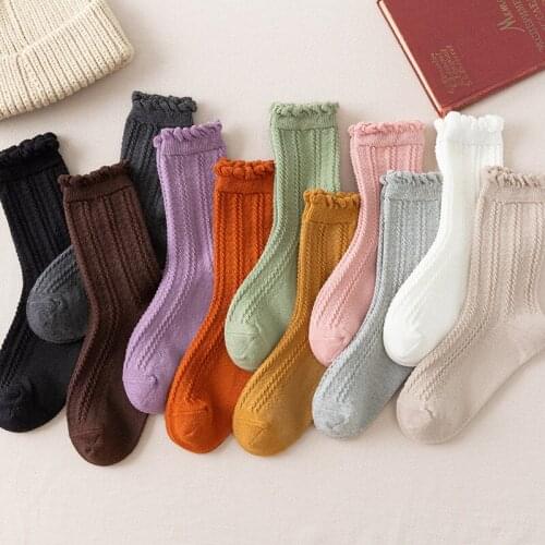 Frilly Ruffle Socks Japanese Style Kawaii Cute Cotton Woman Socks Harajuku Retro Casual Solid Color White Black Beige Crew Socks
