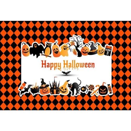 Orange And Black Square Photography Background Pumpkin Cat Bat With Ghost And Spider Backdrop For Halloween Party Photo Props