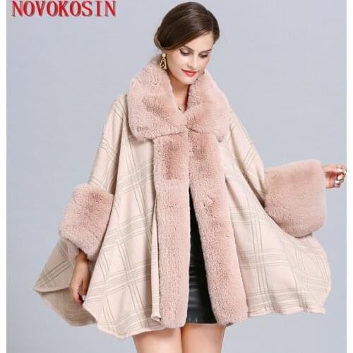 SC374 2019 Fashion Plaid Poncho Women Faux Fox Fur Neck Cape Winter Shawl Knitted Warm Thick Coat Big Pendulum Dovetail Cardigan