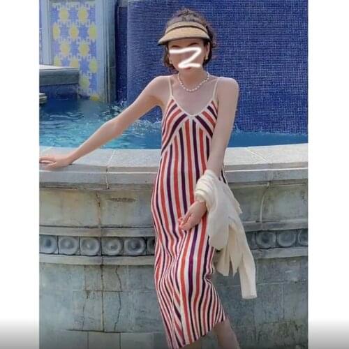 Sexy Women V-neck Sling Long Dresses Knitted Cotton Striped Dress Summer Vacation Sleeveless Dress
