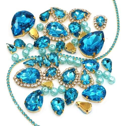 Wedding Decoration gold base Lake blue Mix size Glass Crystal Stones Pearl Beads Cup Chain Rim Rhinestones Sew On Clothing/Dress