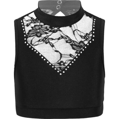 Girls Dance Tops Solid Color Crop Top with Buttons Sleeveless Backless Mesh Flower Pattern Crop Top for Ballet Practice Costume