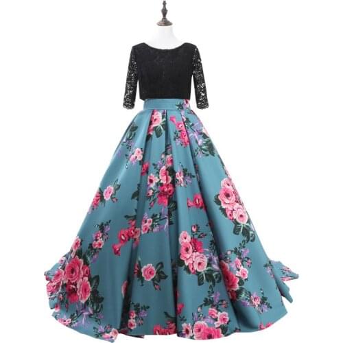 In Stock Satin Printed Pattern with Lace Half Sleeve Scoop Neck Backless Bandage Ball Gown Court Train Long Prom Party Drresses
