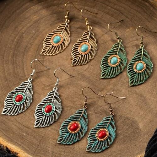 Vintage Ethnic Leaf Drop Dangle Earrings Hanging with Stone for Women 2019 Fashion Wedding Engagement Bridal Jewelry Accessories