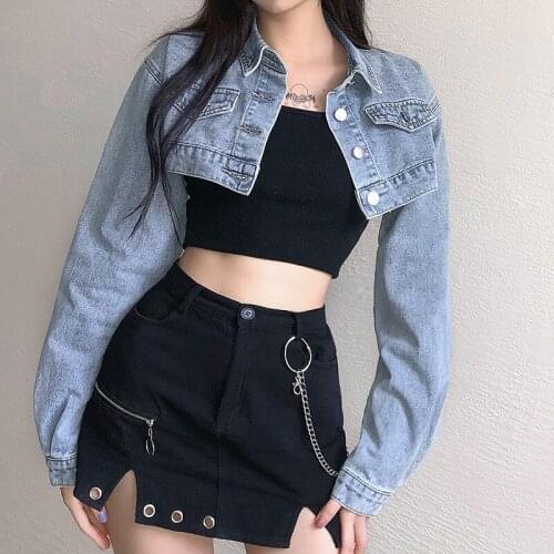 Vintage Highstreet Blue Denim Short Jacket Womens 2021 Early Fall Preppy Style High Waist Outer Long Sleeve Coat Female Solid