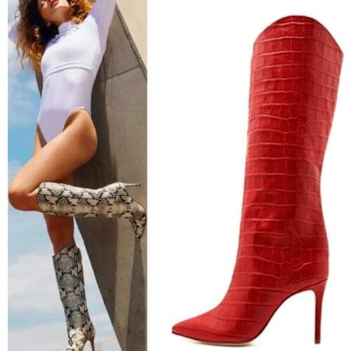Moraima Snc Crocodile Pattern Leather Knee High Boots Sexy Pointed Toe Riding Boots for Woman Thin Heels Females Shoe