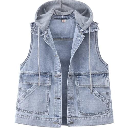 Spring Autumn Womens Vest Versatile Denim Jackets Hooded Fashion Patchwork Streetwear Korean Style Loose Female Sleeveless Coat