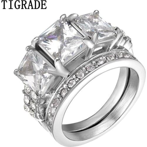 TIGRADE Silver Color Stainless Steel Ring Set Women Big Crystal Paved Cubic Zircon Jewelry Romantic Engagement Wedding Ring Anel
