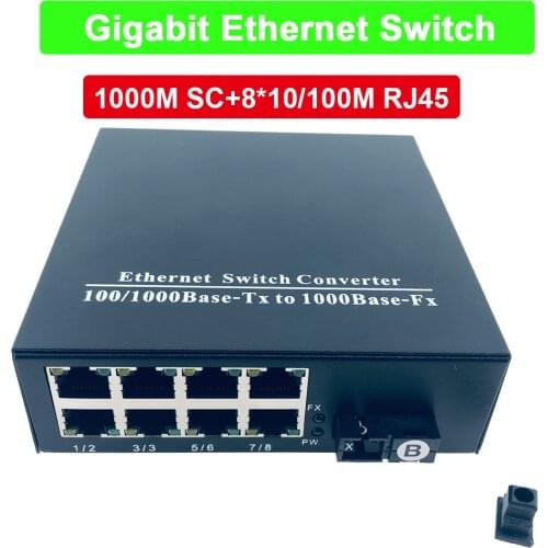 1550nm B Gigabit Fiber switch Ethernet Optical Media Converter Single fiber Single Mode 1.25G fiebr port 8 10/100M RJ45