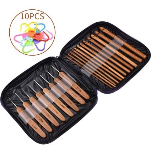 20pcs Bamboo Crochet Hook With 10pcs Stitch Makers Knitting Needles With Bag Sewing Tools Accessories Needle Arts Craft For Mom