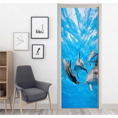 Dolphin Animal 3D Door Sticker Seascape Paper for Living Room PVC Waterproof 3D Print Photo Art Self Adhesive Decal Home Decor