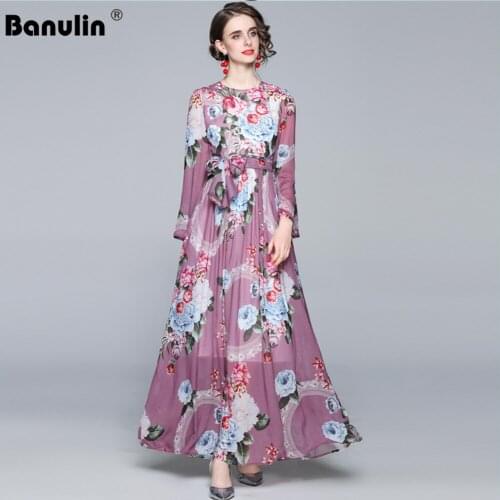 Banulin 2021 Fashion Designer Spring Silk Maxi Dress Womens O-Neck Long Sleeve Bow Floral Print Boho Chiffon Long Dress