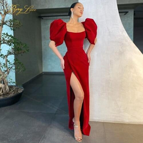 Berylove Red Prom Dress Lantern Sleeve Scoop Neck Party Dress Side Slit Evening Dress Sexy Satin Long robe de soirée de mariage