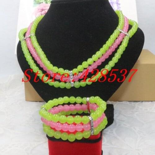 Free Shipping DIY Alpha Element Green Pink Stone Beads White Crystal Multilayer Collar Party Necklaces Bracelets Jewelry Sets