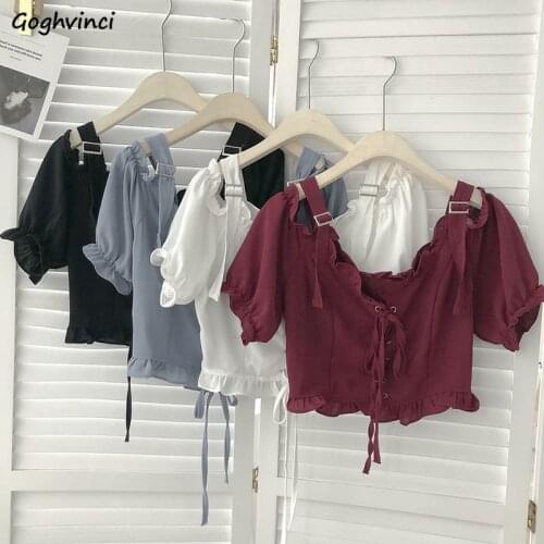 Blouses Women Puff Sleeve Solid Slash Neck Cropped Korean Version Summer Fashionable Daily Femme Tops All-match College Kawaii