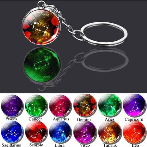 12 Constellation Luminous Glass Ball Pendant Keychain Zodiac Leo Libra Key Rings Jewelry Women Glowing Keyrings Birthday Gift