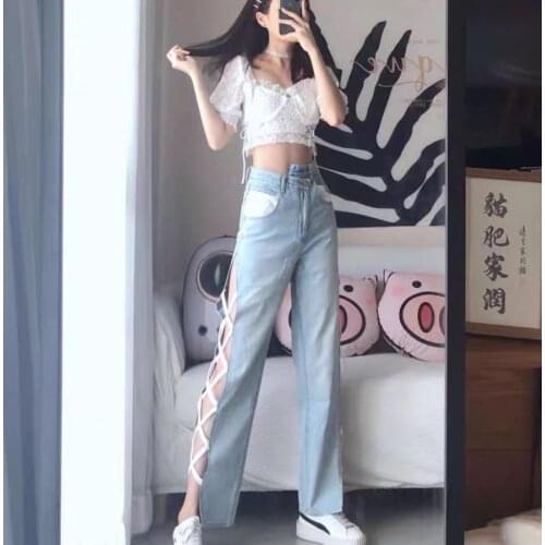Womens Straight Jeans High Waist Split Summer Thin Student Light Blue Mopping Trend Irregular Denim Pants