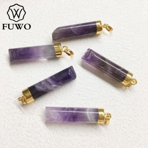 FUWO Natural Amethysts Pendant High Quality 24K Gold Electroplate Raw Gem Stone Jewelry Wholesale Anti-fading PD295
