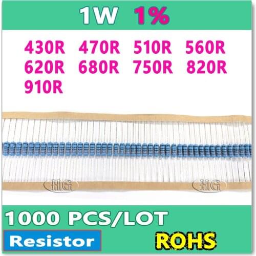 JASNPROSMA 1W 1000PCS/LOT 1% 430R 470R 510R 560R 620R 680R 750R 820R 910R metal film DIP OHM Box packing