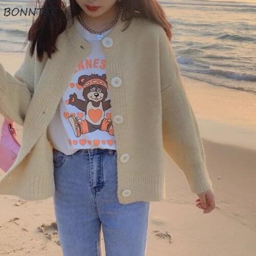 Cardigan Women Sweet Elegant All-match Loose Knitting Pure Color Korean Style O-neck Female Casual Stylish Comfortable Sweater